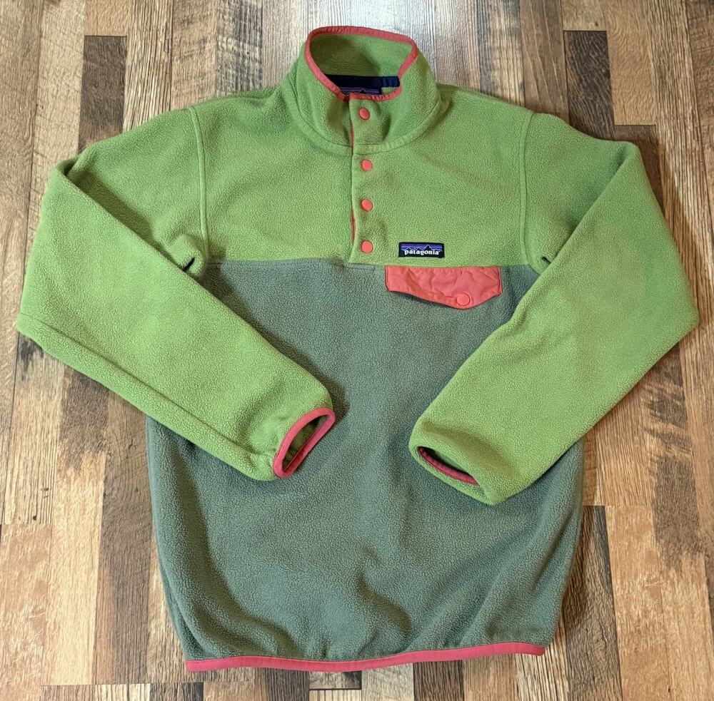 Patagonia Womens XXS Green Pink Colorblock Synchilla Fleece Snap T Pullover